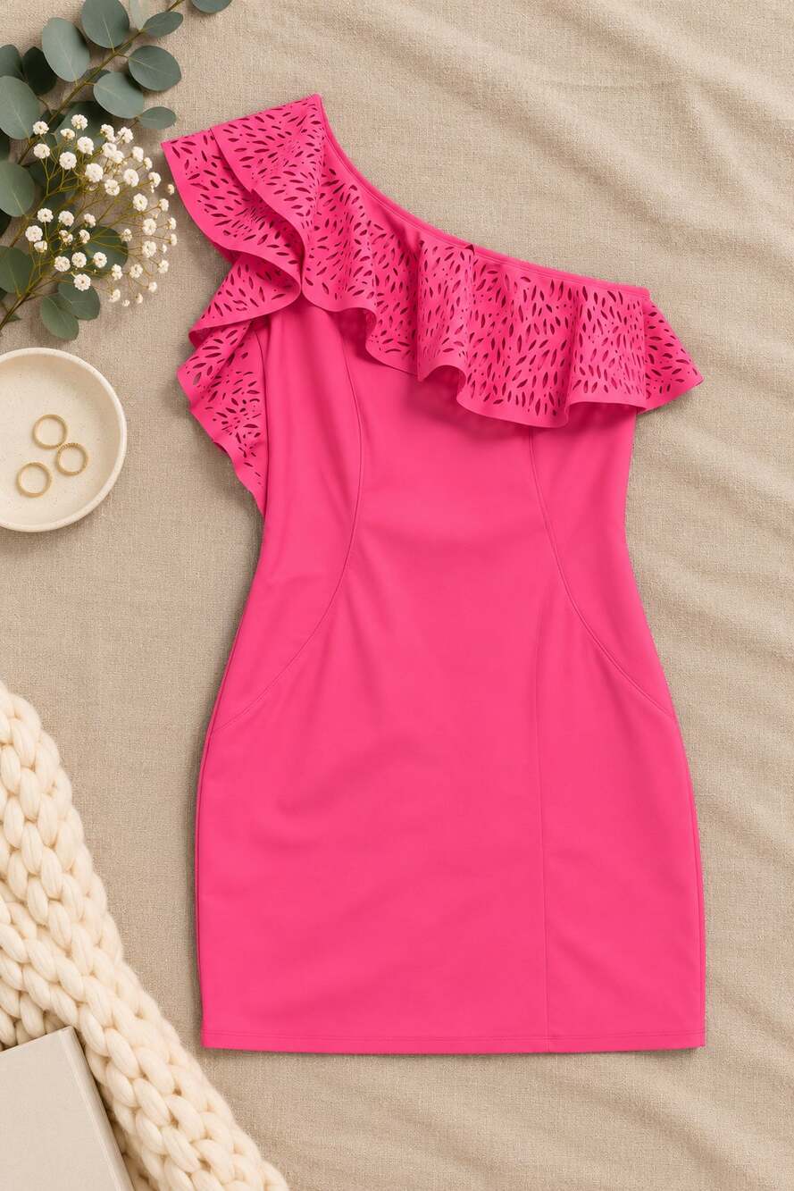 Laundry by Shelli Segal Hot Pink One Shoulder Laser Cut Ruffle Mini Dress Size 0